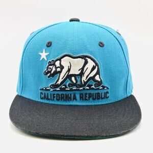 Whang California Republic Embroidered Snapback Hat Cap Light Blue Black EUC